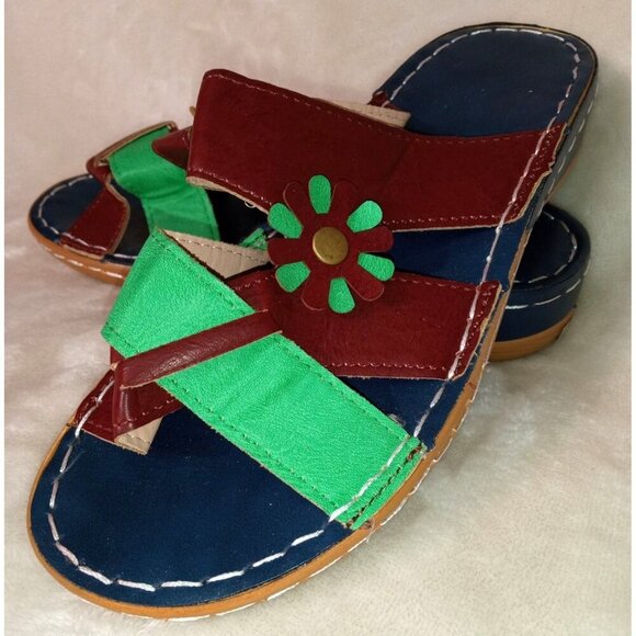 Two Pairs Multicolor Leather Sandals With Flower Detail - Women's Summer Slip- - Picture 4 of 12